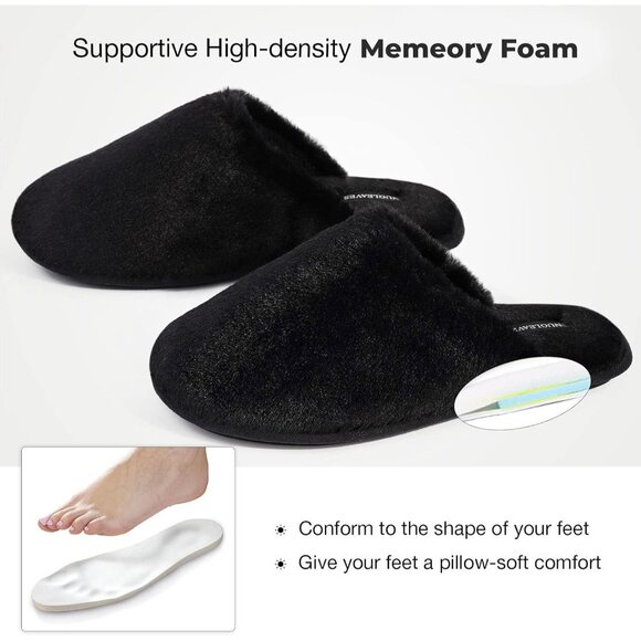 ⚡Women's Black Fuzzy Scuff Slippers Soft Comfy Memory Foam Non Slip House Shoes - Picture 5 of 6